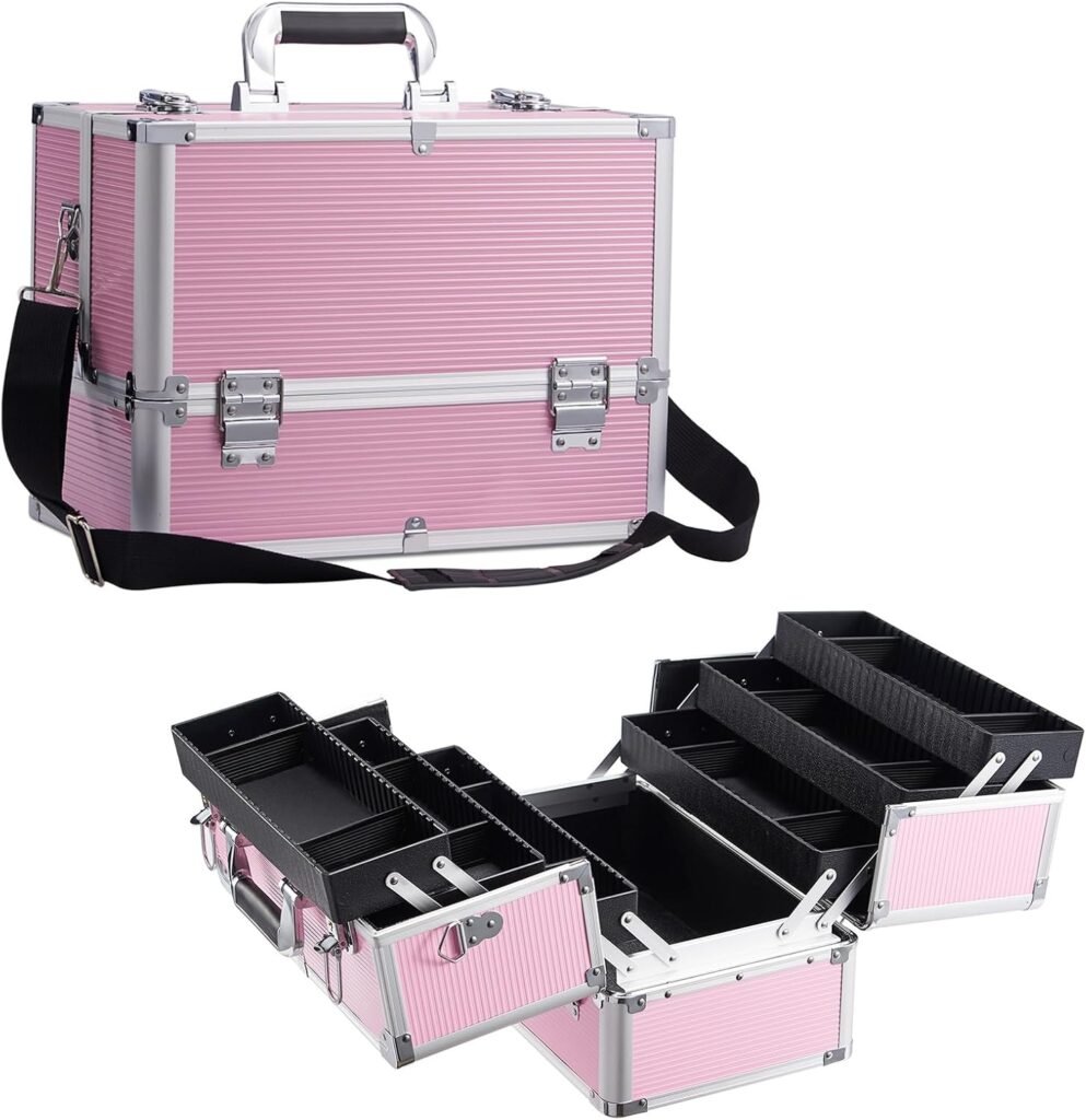 Grote roze make-up opbergdoos met cosmetica- en sieradenopbergruimte, beauty case voor professioneel en privé gebruik