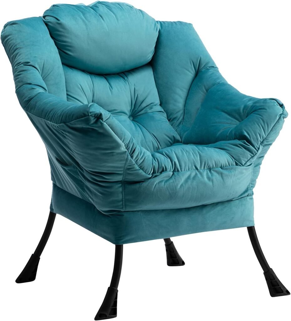 Lichtblauwe relaxfauteuil met armleuningen en stalen frame voor woonkamer en slaapkamer