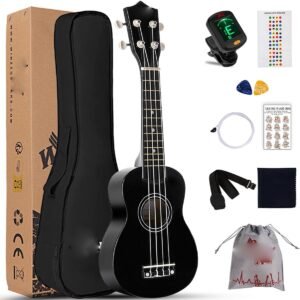 Sopraan Ukelele 21 Inch – Starterset voor Beginners met Draagtas en Accessoires – Zwarte Ukelele met Tuner, Extra Snaren en Akkoordkaart