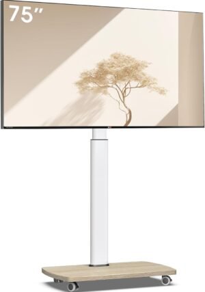 Verrijdbare TV standaard met houten plank voor 43-75 inch televisie, draaibare vloerstandaard met wielen en VESA ondersteuning