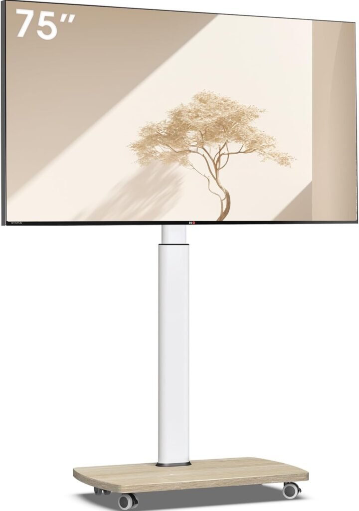 Verrijdbare TV standaard met houten plank voor 43-75 inch televisie, draaibare vloerstandaard met wielen en VESA ondersteuning