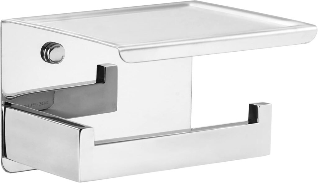 Toiletpapierhouder zonder boren van RVS met opbergplank, zelfklevende wandhouder voor badkamer met chrome afwerking