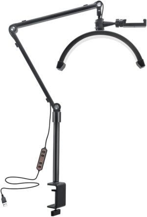 LED video lamp 10W met dimbare halvemaanlamp, USB kabel en statief voor vloggen, make-up en schoonheidssalon