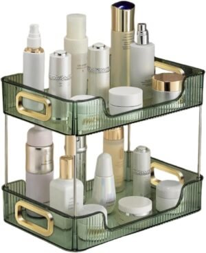 Badkamer organizer 2 lagen groen - cosmetica opbergrek voor make-up en huidverzorging op de wastafel