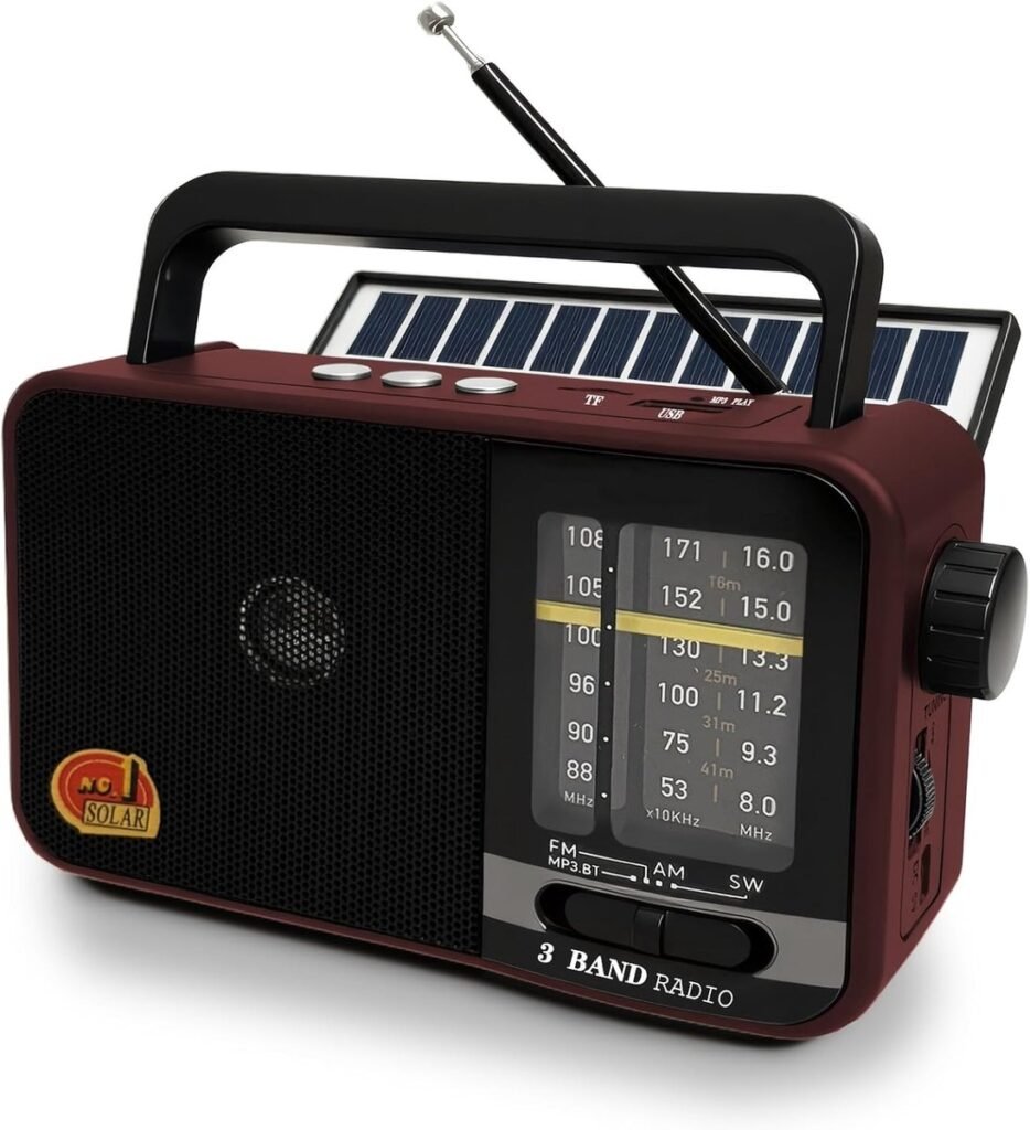 Bluetooth koffer radio met zonnepaneel en 8W speaker – draagbare campingradio met USB, TF en noodfunctie in rood