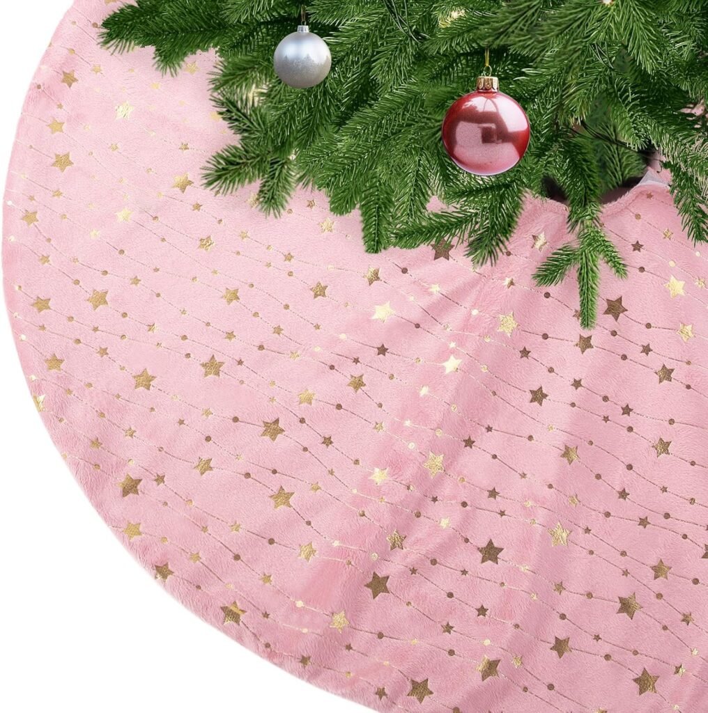 Ronde roze pluche kerstboomrok met sterren, luxe nep bont kerstboomkleed Ø 48 inch voor kerstdecoratie en kerstboomstandaard