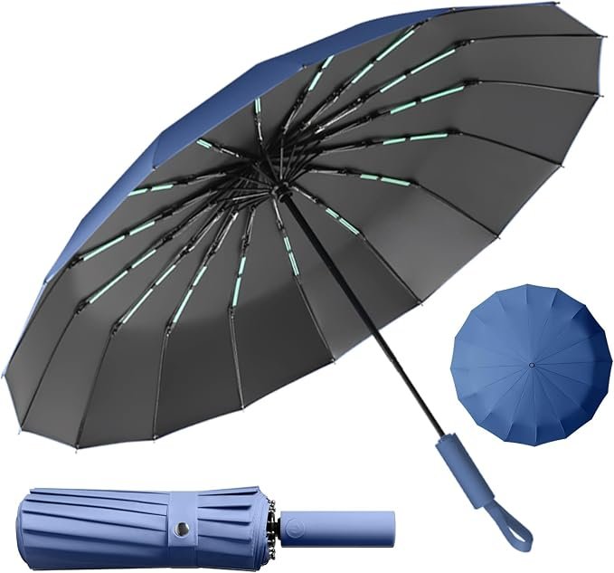 Stormparaplu met 16 ribben, automatische opvouwbare winddichte regenparaplu voor twee personen