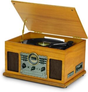 Vintage 7-in-1 platenspeler met CD- en cassettedeck, USB-speler, ingebouwde stereo speakers en 3,5 mm AUX-ingang in houten ontwerp zonder Bluetooth