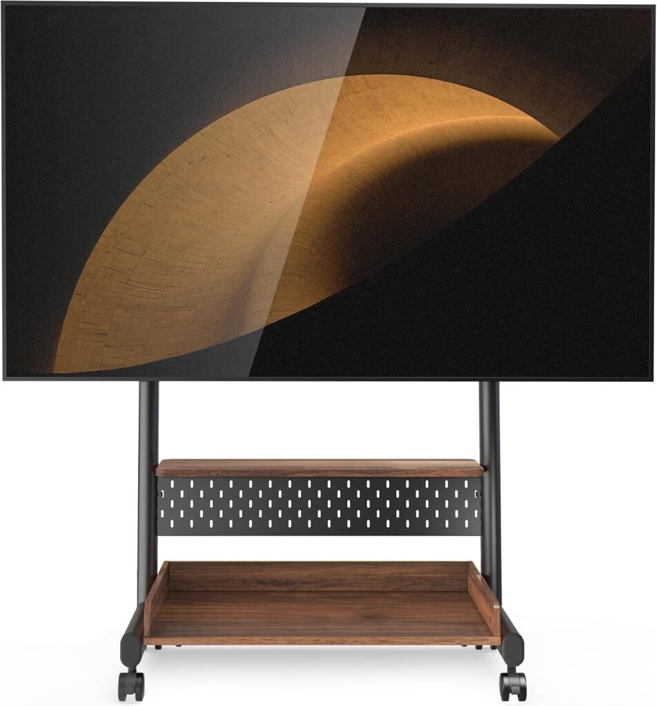 Mobiele TV standaard op wielen voor 40-85 inch tv met houten basis en verstelbare vloerstandaard