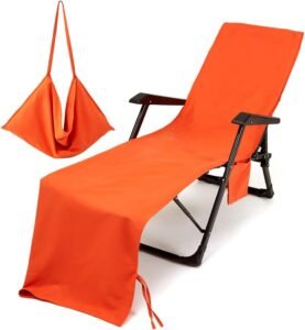 Strandstoel hoes 210×75 cm – Microvezel stoelhoes met opbergvakken – Sneldrogende strandhanddoek voor ligstoelen – Oranje outdoor gebruik