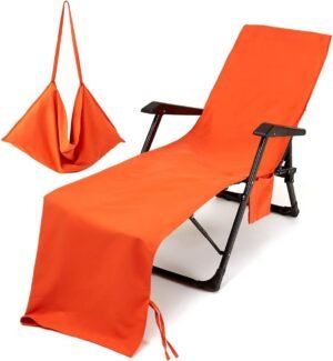 Strandstoel hoes 210x75 cm van microvezel met opbergvakken in oranje voor ligstoelen en outdoor gebruik