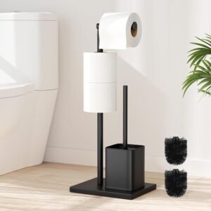 Staande Toiletrolhouder met Toiletborstel RVS Mat Zwart – Vrijstaande Badkameraccessoires Set – Hygiënische WC Rolhouder met Borstel – Moderne Badkamerstijl