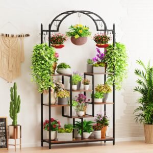 Plantenrek met 5 Niveaus – Metalen Bloemenstandaard voor Binnen en Balkon – Plantenhouder met 16 Haken – 190 cm Hoog, Staande Plantentoren