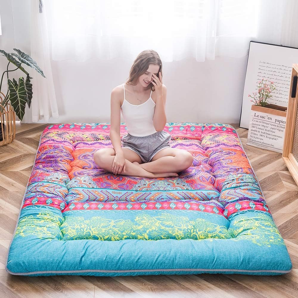 Bohemian futon matras 90x190 cm met vintage bloemenpatroon als opvouwbare Japanse vloermatras en slaapmat