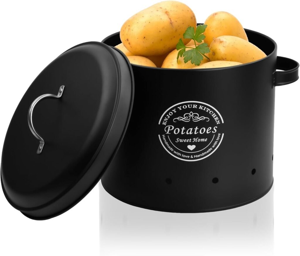 Voorraadpot set voor aardappelen, uien en knoflook met zwarte metalen blikken en ventilatiegaten voor keukenopslag