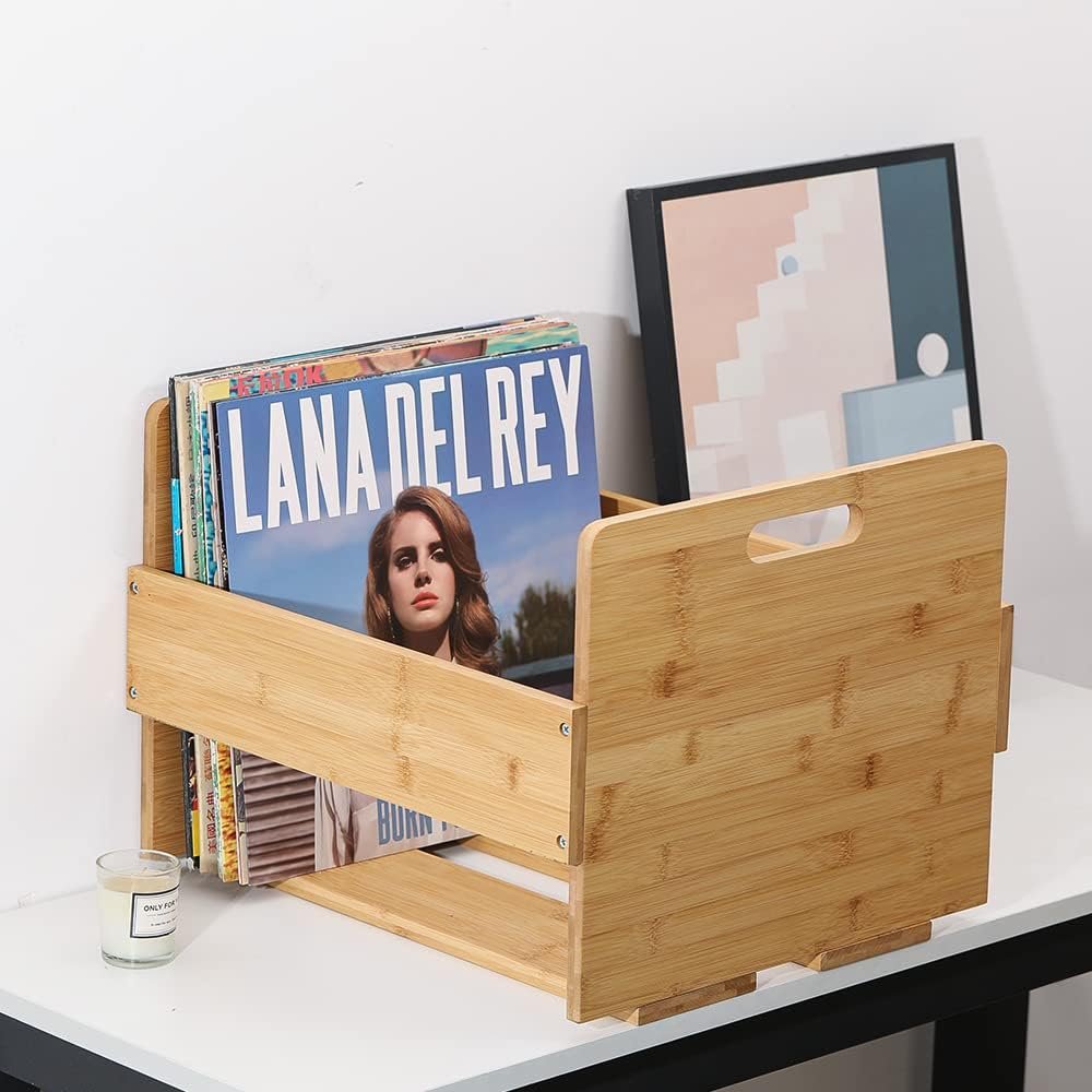 Bamboe LP opbergkrat voor vinyl platen, albums en grammofoonplaten met retro design en ruimte voor 80 platen