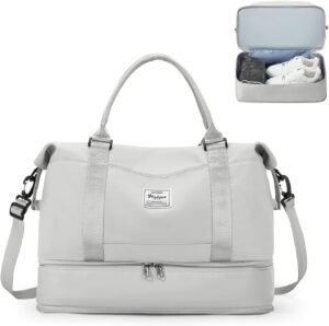 Reistas Handbagage Dames – Weekendtas en Sporttas met Schoenenvak – Waterdichte Duffle Bag – Lichtgrijs