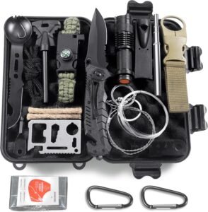 Survival kit 13-in-1 – Overlevingsset outdoor – Kamperen vissen jacht bushcraft – Zakmes, vuursteen, kompas, EHBO-deken, zaklamp