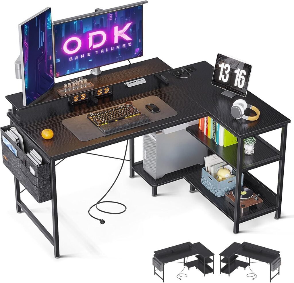 L-vormig hoekbureau zwart met USB oplaadpoort, stopcontact en monitorrek voor kantoor en thuis 120 x 80 x 88 cm