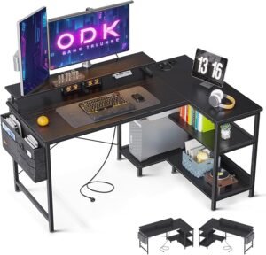 Hoekbureau L Vormig Zwart – Gaming Bureau met USB Oplaadpoort en Stopcontact – Hoektafel met Monitorrek en Opbergrek – 120 x 80 x 88 cm