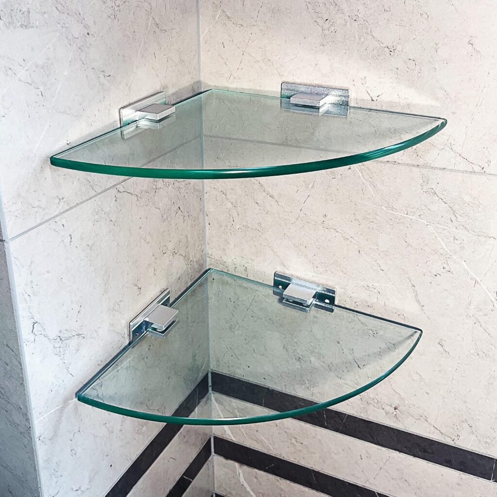 Badkamer glazen plank set 2 stuks met driehoekige douche caddy, gehard glas 8mm en aluminium wandbeugels voor shampoo en badkameraccessoires