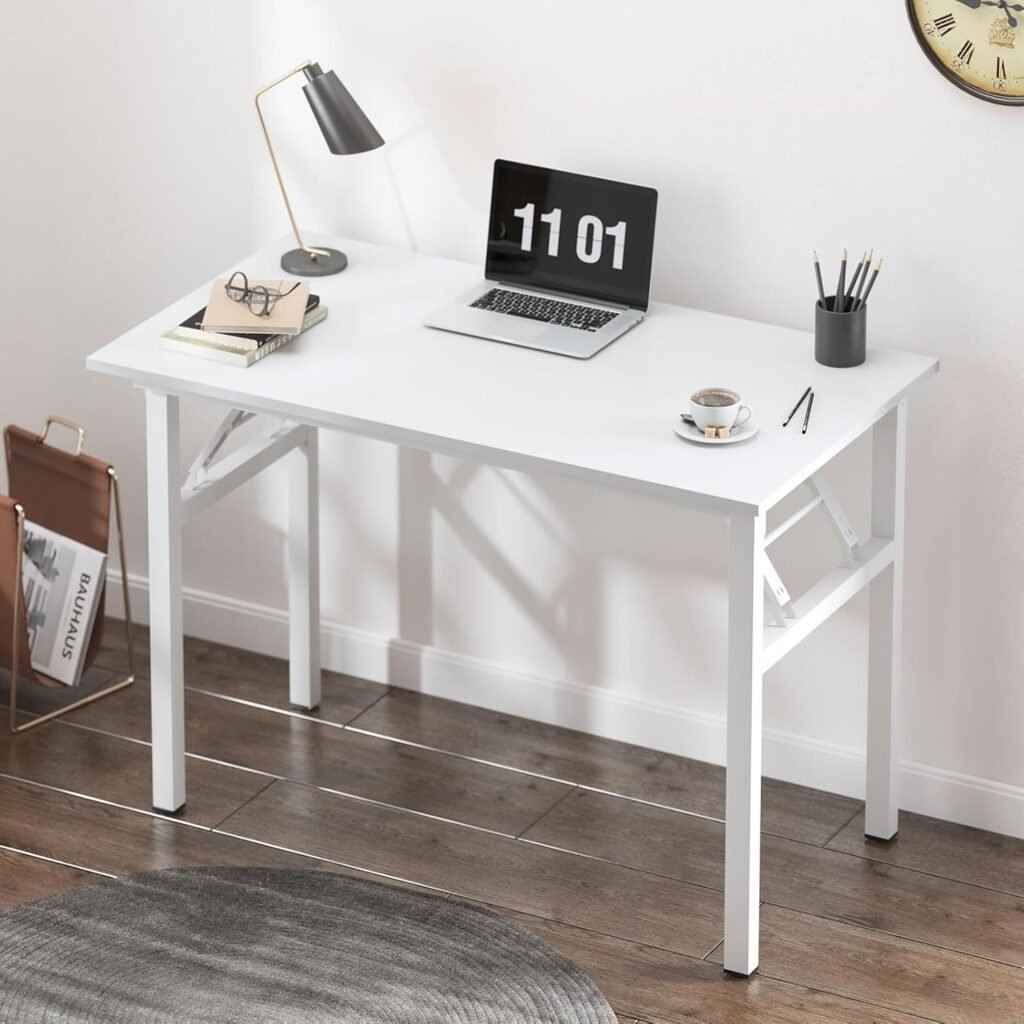 Opvouwbaar computer bureau wit met houten blad en metalen frame, 80x40x75 cm inklapbare muurtafel voor thuis en gaming