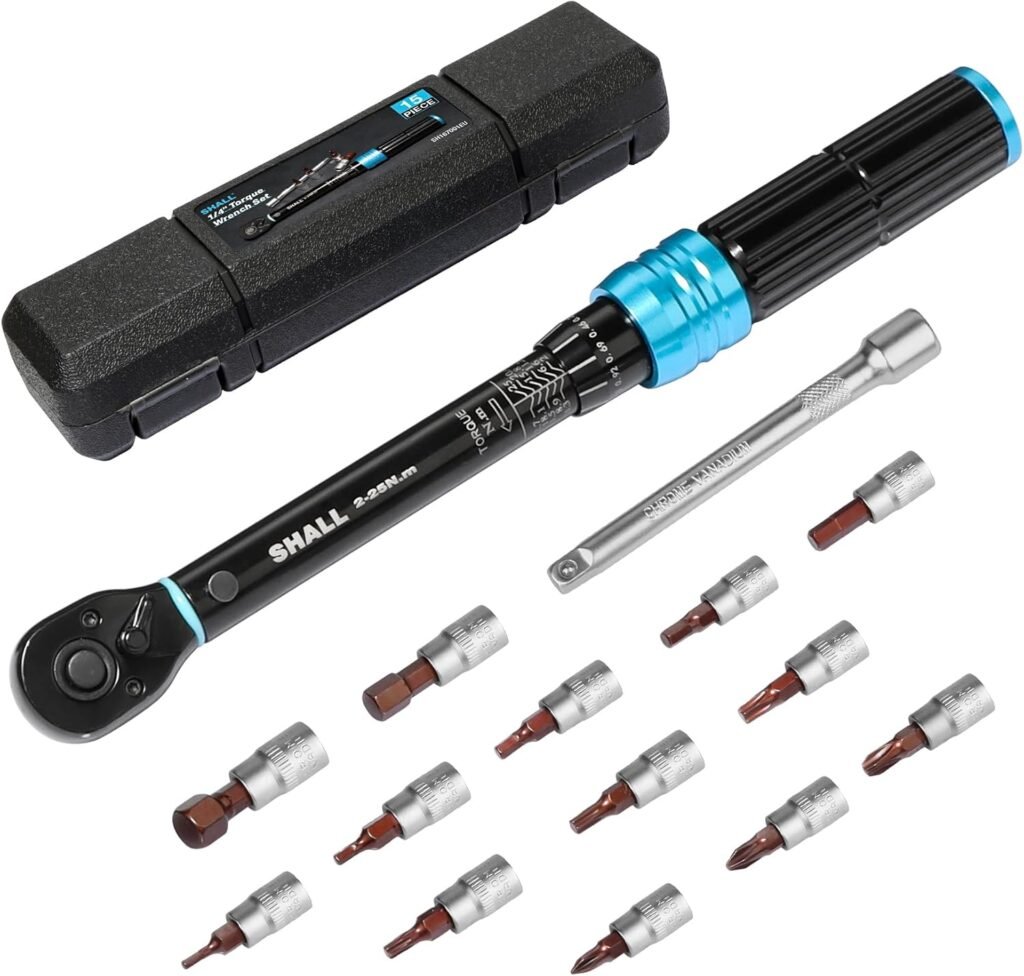 Torque wrench set 15-delig 1/4 inch verstelbare momentsleutel voor fiets en motor onderhoud met opbergtas