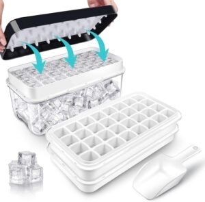 IJsblokjeshouder met Deksel – IJsblokjesmaker met Container en IJsschep – 64 IJsblokjes voor Cocktails, Whiskey en Koffie – Zwart