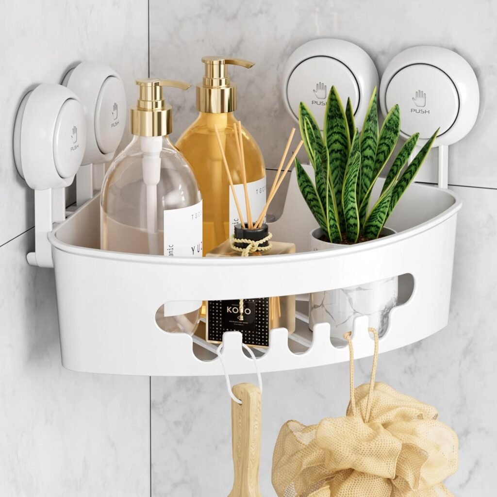 Hoek badrek met zuignap voor douche en badkamer, witte kunststof shampoo houder zonder boren