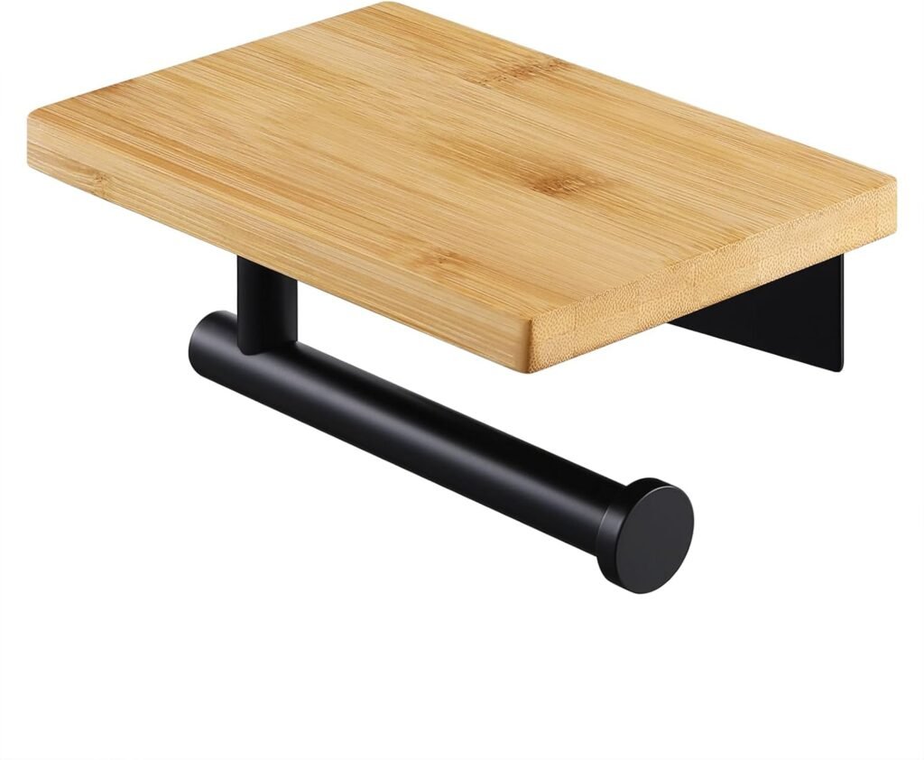 Zelfklevende zwarte RVS toiletrolhouder met bamboe plank voor wandmontage zonder boren