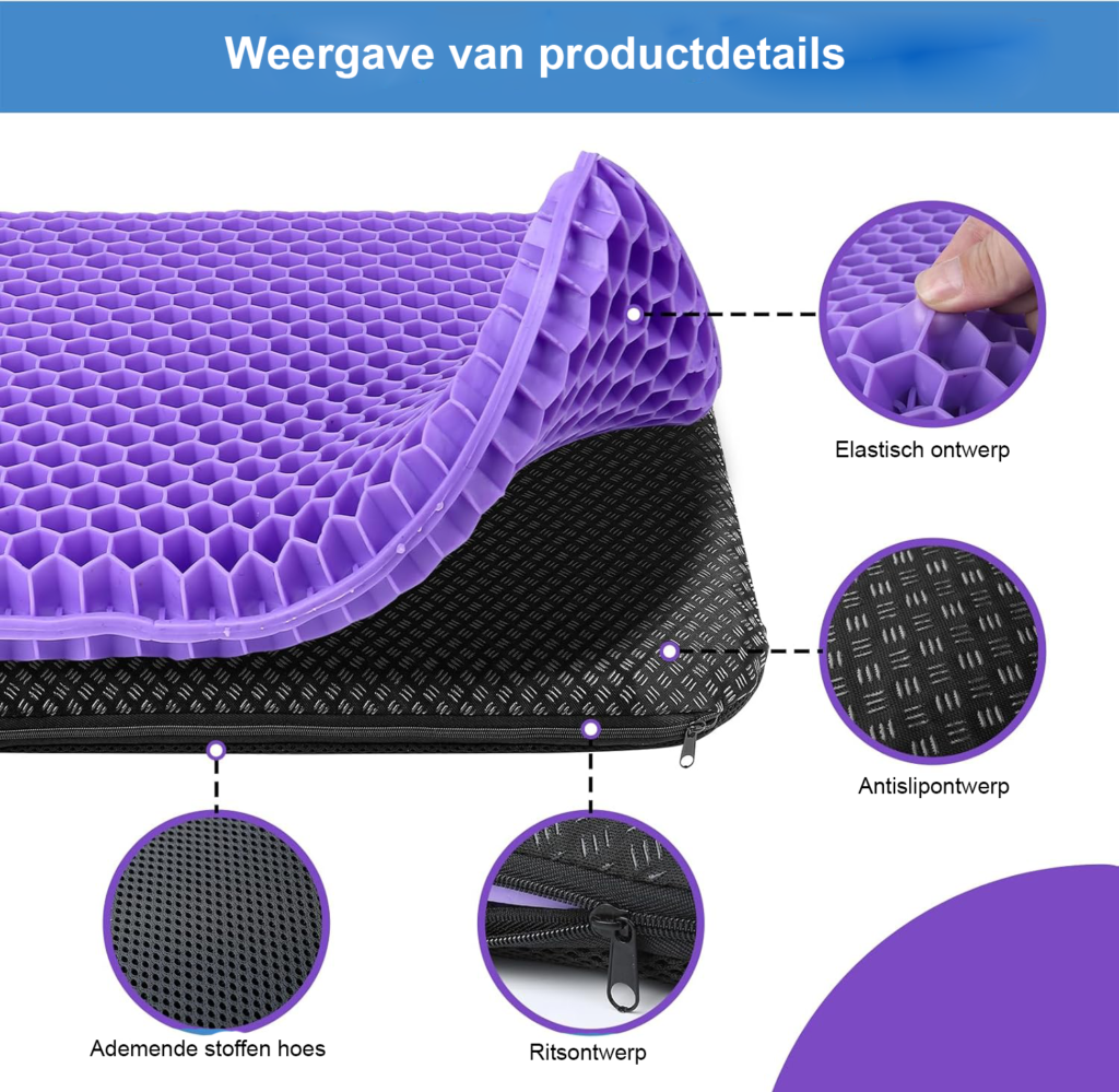 Gel zitkussen orthopedisch - dubbel laags stoelkussen met antislip hoes - ademend bureaustoel kussen - drukverlagend zitkussen comfort