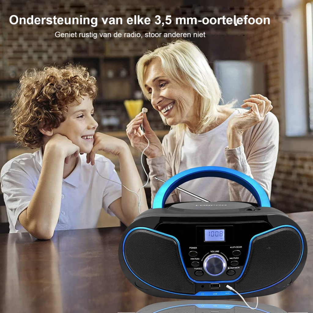 Draagbare CD Speler Kinderen - Radio CD Boombox met FM Radio - Bluetooth, USB en AUX Aansluiting - Stereo Speakers en Hoofdtelefoonuitgang