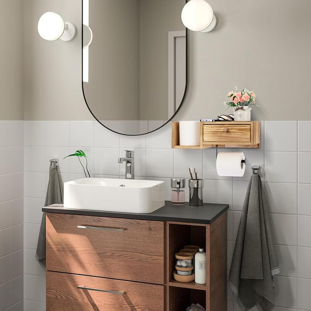 Houten wandgemonteerde toiletpapierhouder met plank, lade en opbergdoos voor badkamerorganisatie