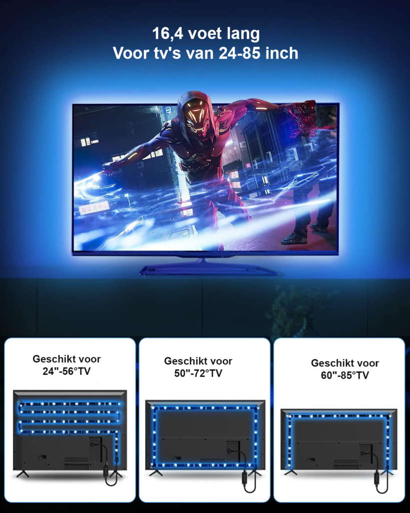 TV LED achtergrondverlichting 5 meter met RGB kleuren, USB aansluiting en app bediening voor TV en monitor