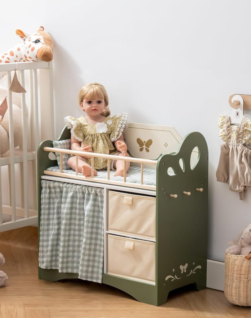Poppenbed Hout met Kledingkast - Poppenbedje met Beddengoed en Opbergruimte - Speelgoed voor Poppen tot 51 cm - Groen
