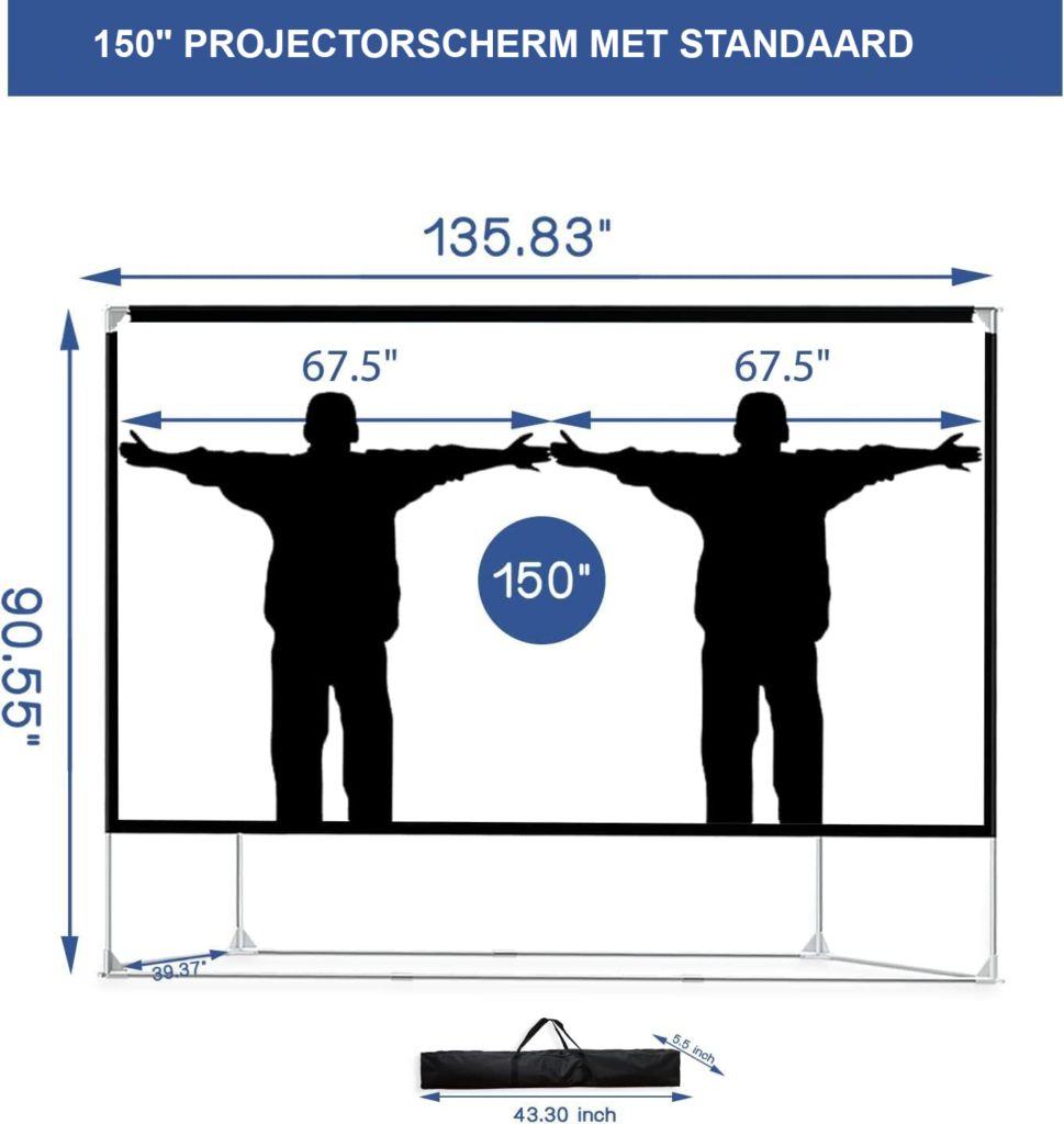 Projectiescherm 150 inch met statief 16:9 HD 4K voor thuisbioscoop, buitengebruik en reizen