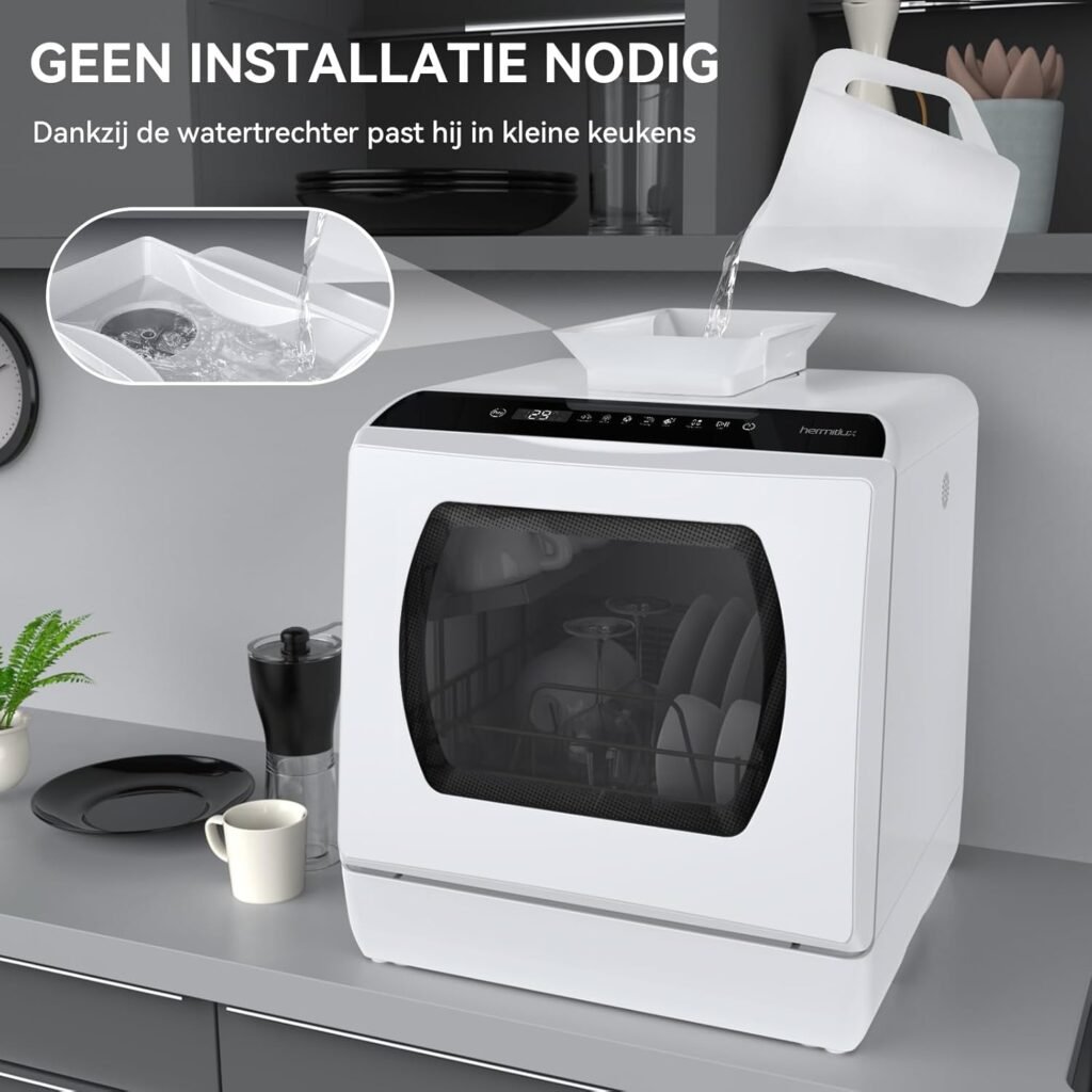 Mini Afwasmachine Tafelmodel - Compacte Vaatwasser met Wateraansluiting of Watertank - Voor 4 Besteksets - Wit met Glazen Deur