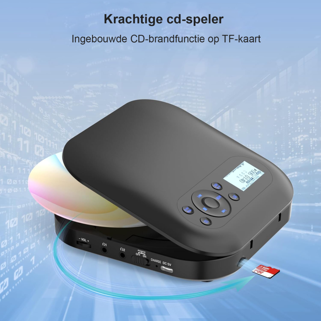 Draagbare CD speler met Bluetooth en oplaadbare functie, FM radio en stereo speakers