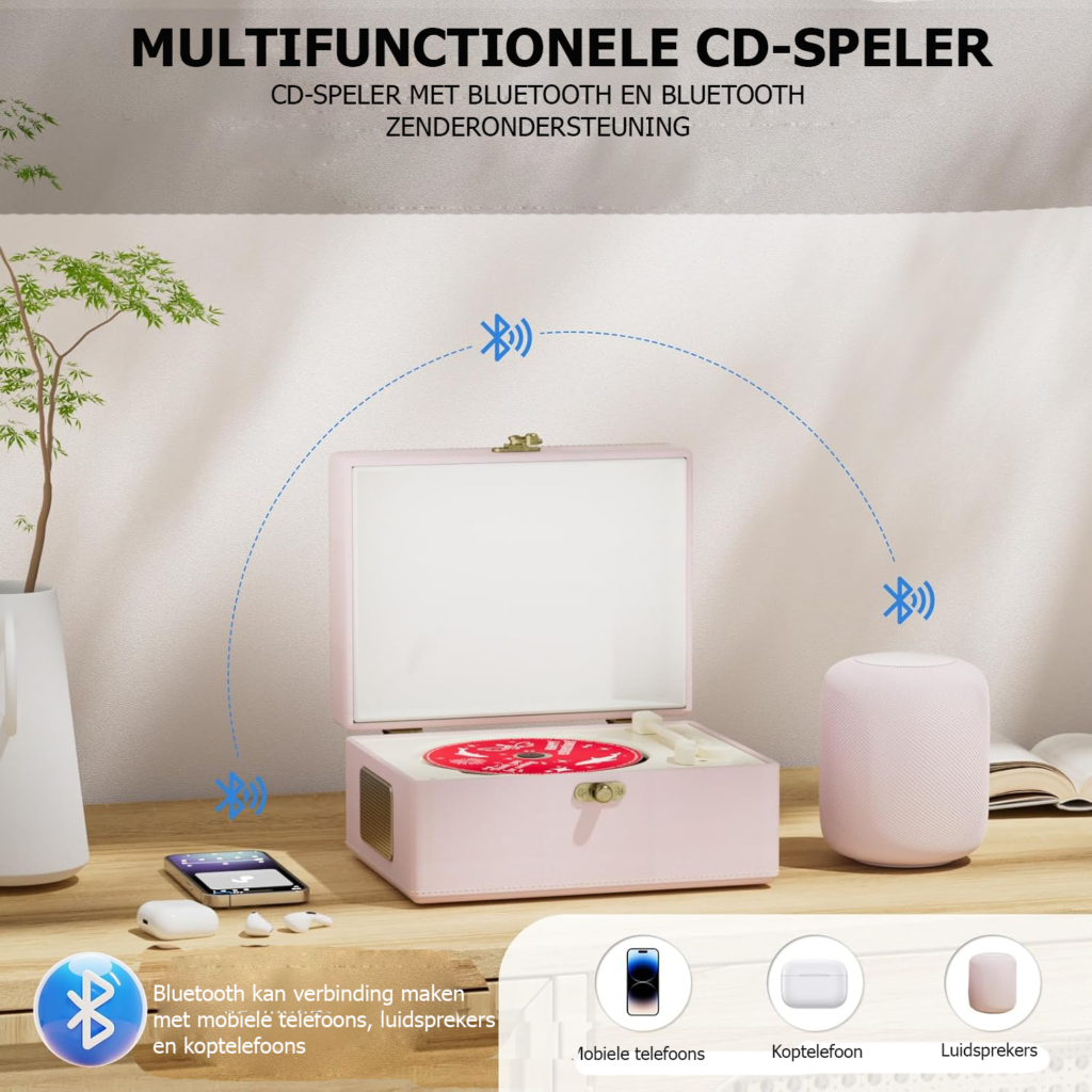 Draagbare CD-speler met ingebouwde luidsprekers - Compacte muziekspeler voor thuis en kamerdecoratie - Roze met tijdinstelling