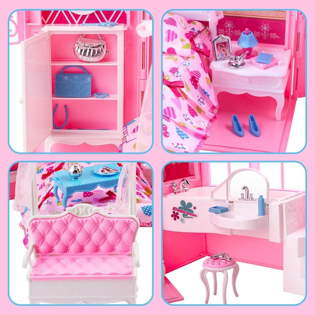 Draagbaar Poppenhuis Roze - 2-in-1 Speeltas met Prinsessenkamer en Meubels - Opvouwbare Poppenhuis Set voor Kinderen - Compact Formaat