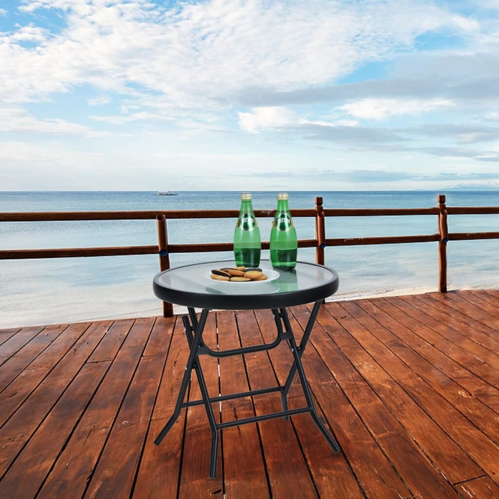 Inklapbare ronde bijzettafel van glas en metaal voor balkon en tuin