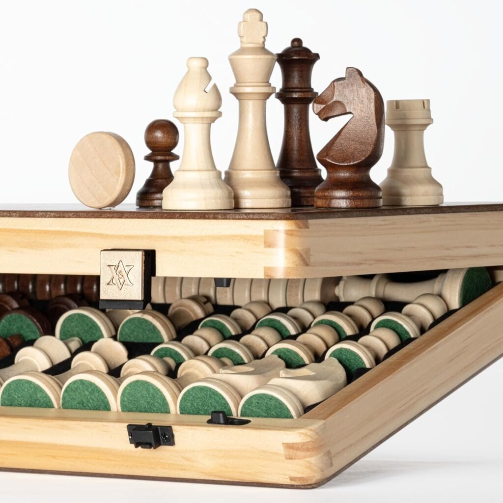 Magnetisch houten schaakbord 38 cm met vouwbord en Staunton schaakstukken van mahonie en esdoorn hout, koning 7,5 cm