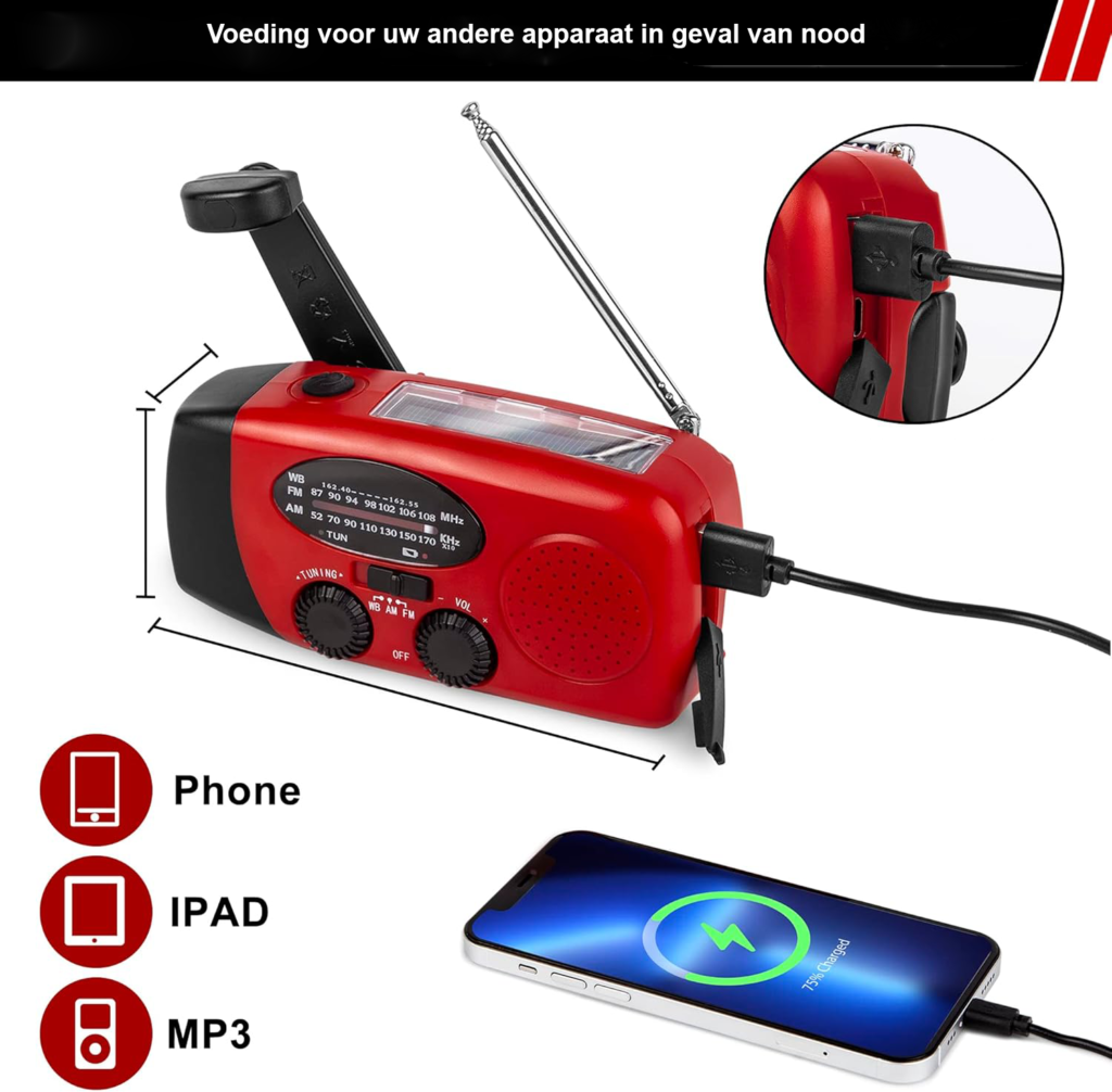 Opwindbare noodradio met zonnepaneel, dynamofunctie, zaklamp en SOS alarm voor camping en noodgevallen