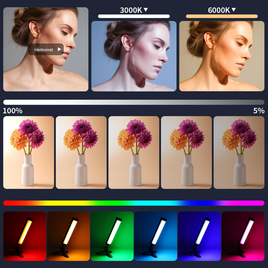 RGB LED videolamp lichtbalk met dimbare kleurtemperatuur voor TikTok, vlogs, YouTube en fotografie