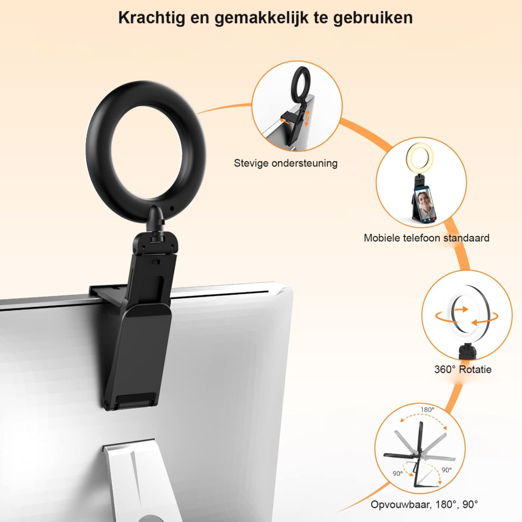 Ringlamp met Statief - Videoconferentie Verlichting voor Laptop en Telefoon - 3 Lichtkleuren en 10 Helderheidsniveaus - 360° Draaibaar
