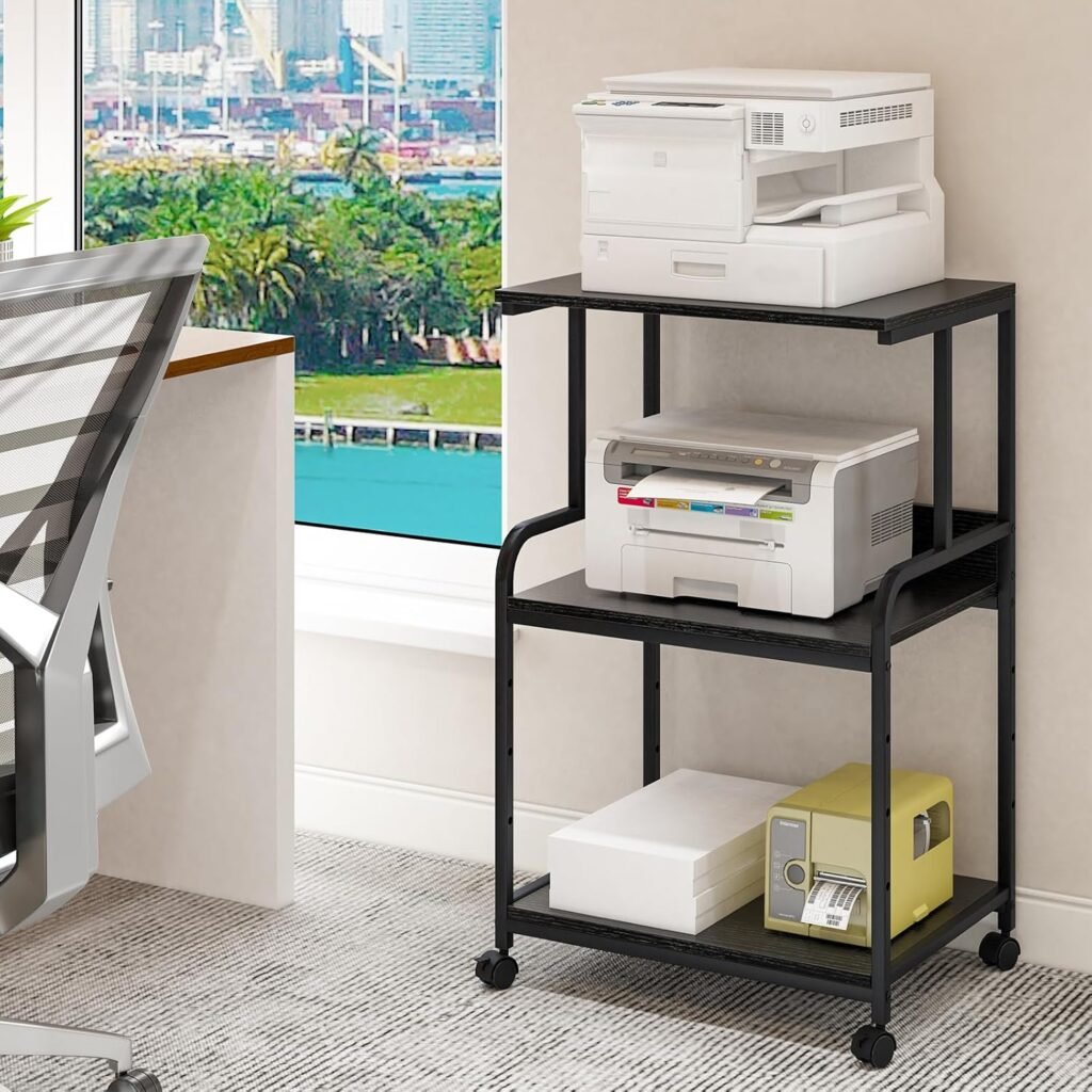 Printerstandaard met Wielen - 3 Laags Printerrek voor Kantoor en Thuis - Printertafel voor Scanner en Copier - Zwart 50x40x80 cm