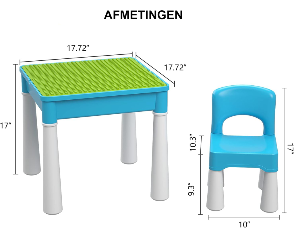 Activiteitentafel voor Kinderen 5-in-1 - Bouwspeeltafel met Opbergruimte en Stoel - 128 Grote Bouwblokken met Groene Basisplaat