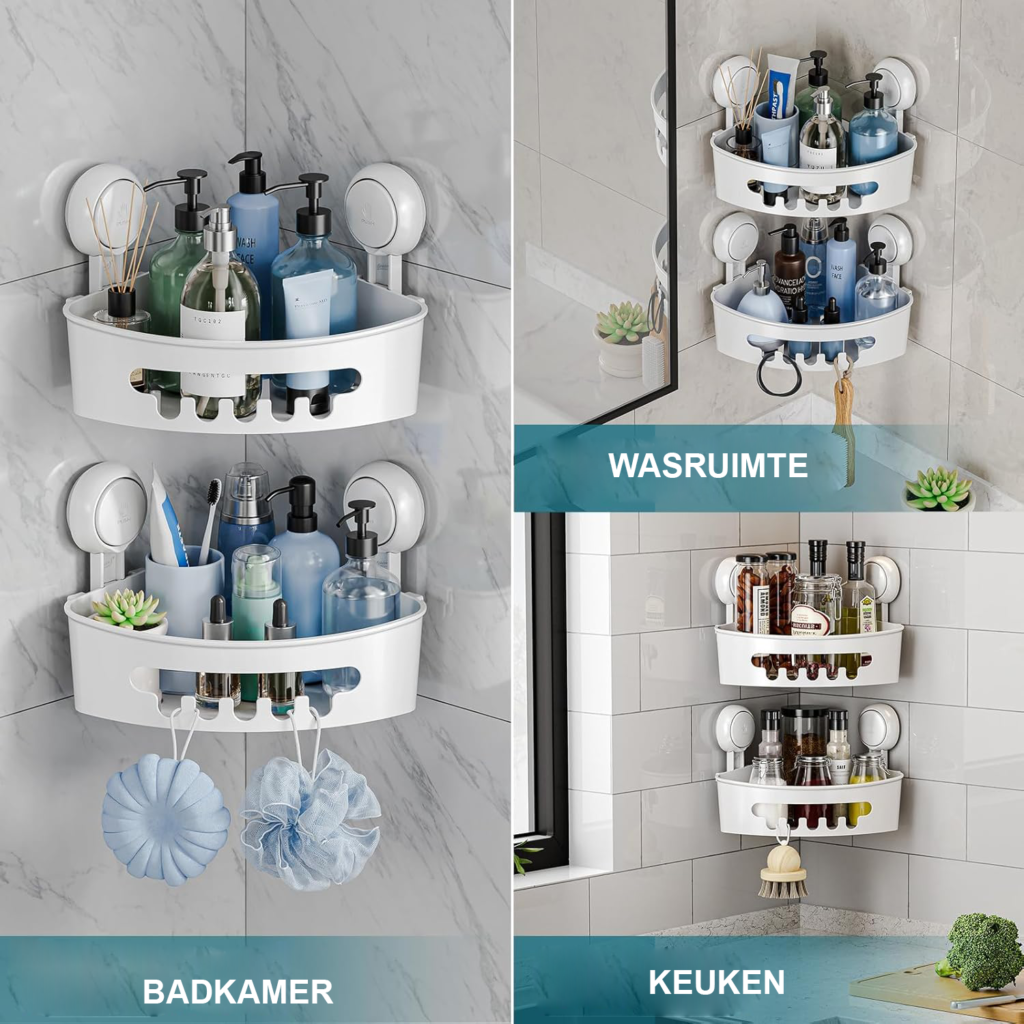 Doucheplank Zonder Boren Set van 2 - Douche Caddy met Zuignap en Haken - Verstelbare Hoek Douche Organizer - Roestvrij Opbergrek voor Badkamer