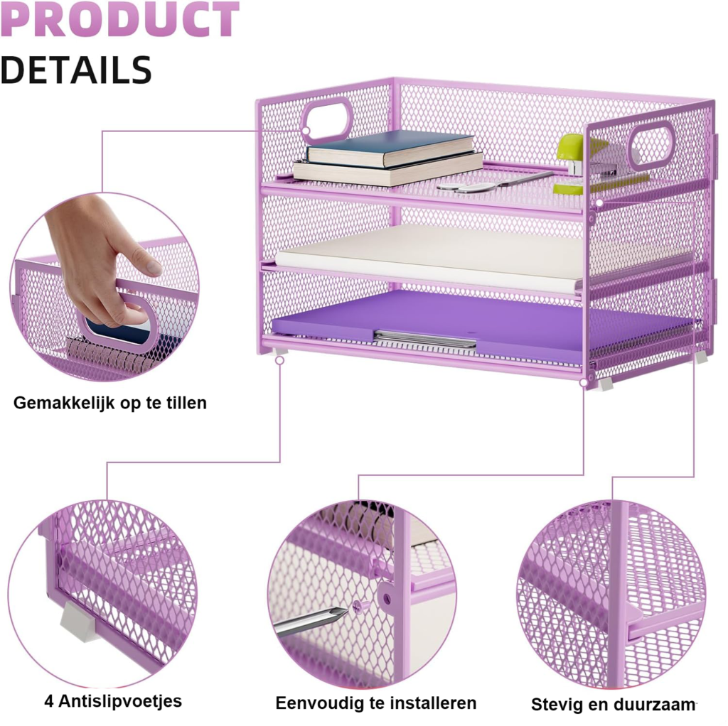 Bureau organizer 3 lagen - Documentenbak bureau accessoires - Mesh bureau opberger - Paars met handgreep