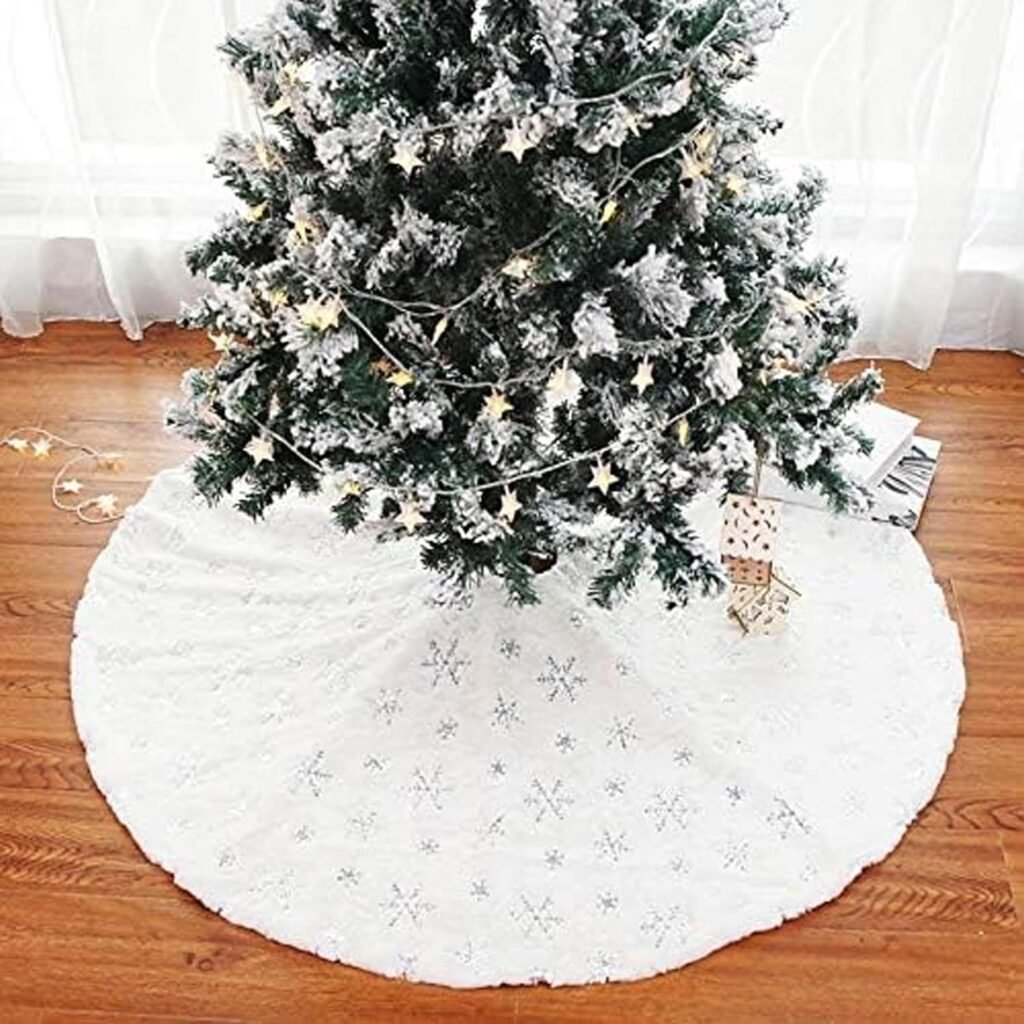 Wit kunstbont kerstboomkleed 120 cm met zilveren sneeuwvlokpatroon